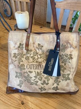 CATERINA LUCCHI Leather Canvas Tote Bag - Logo & Floral Design - NEW!